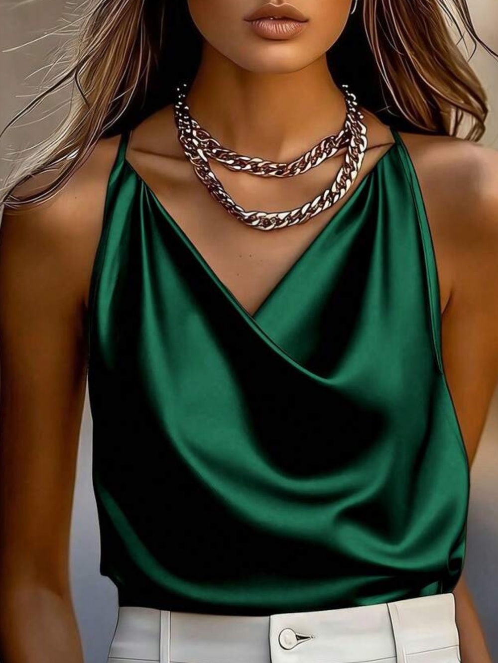 Satin Draped Cowl Neck Camisole - Emerald Green